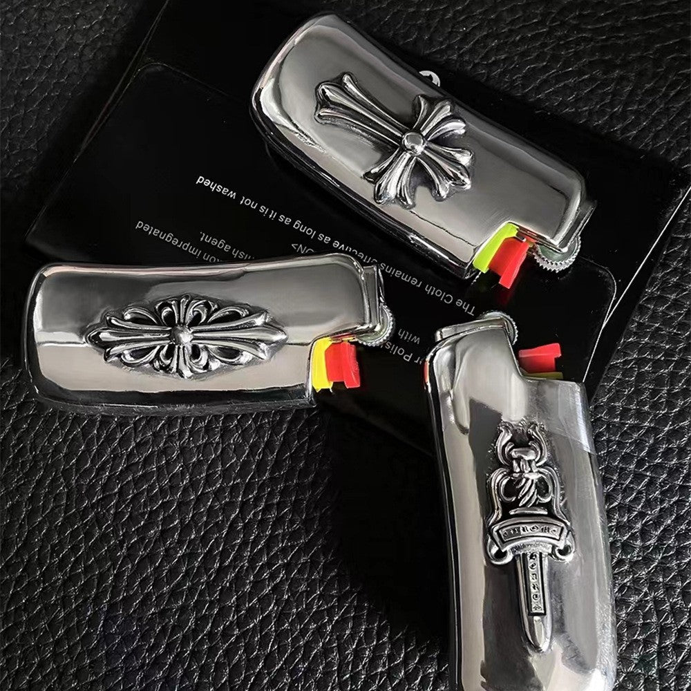 Punk Style Silver Alloy Cross Military Flower Gear Lighter with Creative Sword Design