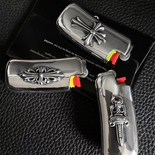 Punk Style Silver Alloy Cross Military Flower Gear Lighter with Creative Sword Design