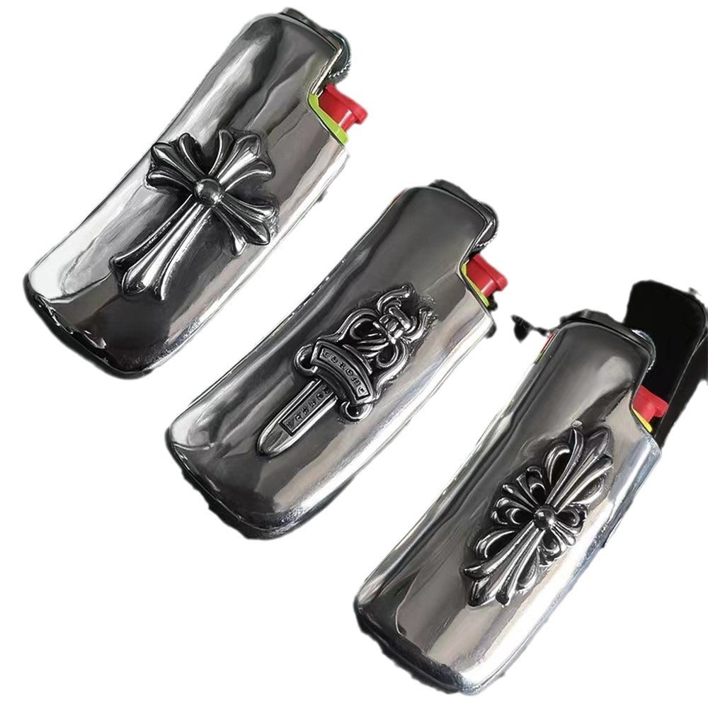 Punk Style Silver Alloy Cross Military Flower Gear Lighter with Creative Sword Design